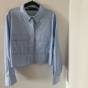 Zara Cropped Button Shirt Top Long Sleeves Front Pockets Cotton Blend Size XL